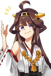 Rule 34 | 1girl, ahoge, brown hair, detached sleeves, double bun, hairband, headgear, highres, japanese clothes, kantai collection, katsuobushi (eba games), kongou (kancolle), long hair, looking at viewer, purple eyes, ribbon-trimmed sleeves, ribbon trim, simple background, solo, upper body, white background