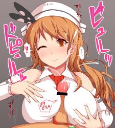 Rule 34 | 10s, 1boy, 1girl, bar censor, bare shoulders, blush, breasts squeezed together, breasts, brown eyes, brown hair, censored, cum, detached sleeves, ejaculation, frown, grey background, hair ornament, hakuhou (ende der welt), hat, hetero, kantai collection, large breasts, littorio (kancolle), long hair, necktie, paizuri, paizuri over clothes, penis, ponytail, side ponytail, simple background, solo focus, speed lines, wince