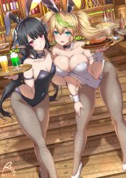 Rule 34 | 2girls, alcohol, animal ears, arm grab, arm strap, armlet, artist name, asymmetrical docking, bakuchiku, bar (place), beer, beer bottle, black hair, black legwear, black leotard, blonde hair, bow, bowtie, braid, breast press, breasts, cleavage, colored eyelashes, commentary, covered navel, cup, detached collar, dutch angle, elf, fake animal ears, fake tail, fishnet legwear, fishnets, food, gene (pso2), green eyes, green hair, hair ornament, hair tie, high heels, highres, holding, holding tray, ice cream, indoors, large breasts, leaning forward, leotard, looking at viewer, low tied hair, multicolored hair, multiple girls, open mouth, pantyhose, parted lips, phantasy star, phantasy star online 2, pizza, playboy bunny, pointy ears, rabbit ears, rabbit tail, red eyes, sidelocks, signature, skindentation, small breasts, smile, standing, steak, steam, strapless, strapless leotard, streaked hair, sundae, tail, tray, twintails, twitter username, white footwear, white leotard, wing collar, wooden floor, wrist cuffs