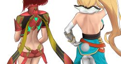 Rule 34 | 2girls, ass, back, backboob, backless outfit, bad id, bad pixiv id, bare shoulders, blonde hair, breasts, commentary request, crossover, cygames, dragalia lost, dress, elbow gloves, elisanne, from behind, gem, gloves, large breasts, long hair, multiple girls, nemunemu semi, nintendo, pants, ponytail, pyra (xenoblade), red hair, red shorts, scarf, short hair, short shorts, shorts, side ponytail, sideboob, tail, very long hair, xeno (series), xenoblade chronicles (series), xenoblade chronicles 2, xenoblade chronicles (series), xenoblade chronicles 2