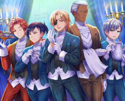 Rule 34 | 5boys, adjusting clothes, adjusting gloves, arm across waist, ashe ubert, black hair, blonde hair, blue eyes, blue suit, brown eyes, brown suit, candle, candlestand, cup, curtains, dark-skinned male, dark skin, dedue molinaro, dessert, dimitri alexandre blaiddyd, eyepatch, felix hugo fraldarius, fire emblem, fire emblem: three houses, food, fork, formal, gloves, green eyes, hair over one eye, hand up, holding, holding tray, indoors, knife, multiple boys, nintendo, one eye closed, pocket square, red hair, red suit, shimako (smk023), smile, standing, suit, sylvain jose gautier, teacup, teapot, towel, tray, vest, waiter, white hair