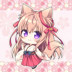 Rule 34 | 1girl, animal ears, bell, blush, bow, brown hair, chibi, closed mouth, commentary request, floral background, fox ears, fox girl, fox tail, full body, hair between eyes, hakama, hakama skirt, hand up, japanese clothes, jingle bell, kimono, long sleeves, looking at viewer, mito mashiro, pink background, purple eyes, red bow, red hakama, ryuuka sane, skirt, sleeves past wrists, smile, solo, tail, tayutama, white kimono, wide sleeves
