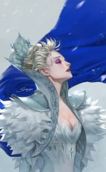 Rule 34 | 1girl, absurdres, alternate costume, armor, blonde hair, blue cape, blue eyes, blush, breasts, cape, cleavage, crescent, elsa (frozen), floating hair, from side, frozen (disney), fur trim, gem, grey background, half-closed eyes, high collar, highres, lipstick, looking away, looking up, makeup, mascara, medium breasts, motion blur, parted lips, profile, red lips, shoulder armor, signature, solo, pauldrons, srasa, upper body, wind