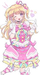 Rule 34 | 1girl, ;d, blonde hair, bow, choker, dress, feet out of frame, frilled dress, frills, gloves, hands up, highres, hoshikuzu (pinkholic), idol clothes, idol time pripara, index fingers raised, long hair, looking at viewer, one eye closed, open mouth, pink bow, pink dress, pink ribbon, pretty series, pripara, purple eyes, ribbon, ringlets, simple background, smile, solo, standing, star (symbol), star choker, two side up, white background, white gloves, yumekawa yui