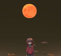 Rule 34 | 1girl, black sky, blunt bangs, brown background, brown hair, commentary request, danganronpa (series), danganronpa v3: killing harmony, full moon, glowing, glowing eyes, gradient background, hair ornament, hair scrunchie, harukawa maki, jian jing, long hair, long sleeves, looking at viewer, low twintails, mole, mole under eye, moon, outdoors, pleated skirt, red eyes, red scrunchie, school uniform, scrunchie, shaded face, shirt, skirt, sky, solo, translation request, twintails