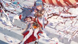 Rule 34 | 1girl, absurdres, alternate costume, alternate hairstyle, black nails, blue hair, braid, branch, breasts, brown eyes, china dress, chinese clothes, detached sleeves, dress, floating hair, from above, hair behind ear, highres, horns, inaho exvs, karon (vtuber), karon official, long hair, looking at viewer, looking up, medium breasts, nail polish, nijisanji, open hand, open mouth, pointy ears, sharp teeth, sitting, smile, snow, solo, stairs, teeth, thighhighs, toenail polish, toenails, very long hair, virtual youtuber, virtuareal, white dress, white thighhighs