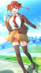 Rule 34 | 1girl, :d, alternate costume, black footwear, black thighhighs, blazer, blue sky, blush, breasts, bridge, brown jacket, brown skirt, cloud, cloudy sky, collared shirt, commentary, day, full body, grass, hair ribbon, heterochromia, highres, hololive, houshou marine, idenshi hina, jacket, long sleeves, looking at viewer, medium breasts, medium hair, miniskirt, necktie, open clothes, open jacket, open mouth, outdoors, outstretched arm, pavement, pleated skirt, red eyes, red hair, red necktie, ribbon, school uniform, shirt, shoes, skirt, sky, smile, solo, sunlight, thighhighs, thighs, twintails, virtual youtuber, white shirt, wing collar, yellow eyes