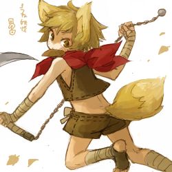 Rule 34 | 1girl, animal ears, bad id, bad pixiv id, bandages, blonde hair, brown eyes, lowres, mouth hold, pixiv fantasia, pixiv fantasia 1, scarf, scythe, short hair, shorts, solo, tail, weapon, yukke