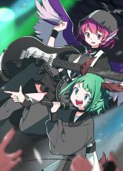 Rule 34 | 2girls, :d, ahoge, animal ears, belt, black belt, black choker, black hat, black kimono, black legwear, black skirt, breasts, brooch, choker, commentary request, cowboy shot, crowd, electric guitar, green hair, green nails, guitar, hand up, hat, highres, holding, holding instrument, instrument, japanese clothes, jewelry, kasodani kyouko, kimono, large breasts, long sleeves, looking at viewer, multiple girls, mystia lorelei, nail polish, namauni, nightgown, open mouth, pointing, puffy short sleeves, puffy sleeves, short hair, short sleeves, skirt, smile, standing, tail, thighhighs, touhou, wide sleeves, wing collar, wristband