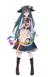 Rule 34 | 1girl, blue dress, blue hair, boots, dress, expressionless, food, fruit, full body, glowing, glowing sword, glowing weapon, hair between eyes, hat, highres, hinanawi tenshi, holding, holding sword, holding weapon, legs apart, light blush, long hair, looking at viewer, parted lips, peach, petticoat, red eyes, reddizen, simple background, solo, standing, sword, sword of hisou, touhou, very long hair, weapon, white background