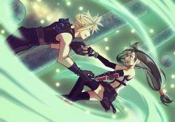 Rule 34 | 1boy, 1girl, arm armor, armor, bare shoulders, black hair, black skirt, black thighhighs, blonde hair, bracelet, cloud strife, crop top, detached sleeves, earrings, final fantasy, final fantasy vii, final fantasy vii remake, fingerless gloves, gloves, highres, holding hands, jewelry, lifestream, long hair, looking at another, low-tied long hair, midriff, navel, open mouth, outstretched arms, red eyes, seilidare, shoulder armor, skirt, sleeveless, sleeveless turtleneck, spiked hair, suspender skirt, suspenders, sweater, tank top, thighhighs, tifa lockhart, turtleneck, turtleneck sweater, white tank top