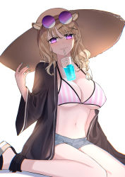 Rule 34 | 1girl, absurdres, aihara (aiharaorenji), animal ear fluff, animal ears, arknights, bikini, black jacket, blonde hair, blue nails, breasts, commentary, cup, drinking, drinking glass, drinking straw, eyewear on head, hair ornament, hand up, hat, highres, jacket, large breasts, long hair, long sleeves, looking at viewer, nail polish, navel, official alternate costume, open clothes, open jacket, pink bikini, purple eyes, simple background, sitting, smile, solo, stomach, striped bikini, striped clothes, sun hat, sunglasses, swimsuit, swimsuit cover-up, thighs, utage (arknights), utage (summer flowers) (arknights), vertical-striped bikini, vertical-striped clothes, wariza, white background, wide sleeves, x hair ornament