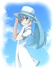 Rule 34 | 1girl, absurdres, agonasubi, aqua eyes, aqua hair, blue sky, boater hat, border, cloud, collared dress, commentary, dress, fading border, from side, grin, hands up, hat, hatsune miku, highres, light blush, long hair, looking at viewer, looking to the side, outdoors, project diva (series), sailor collar, short sleeves, sky, smile, solo, summer memories (module), time machine (vocaloid), twintails, upper body, vocaloid, white dress, white hat
