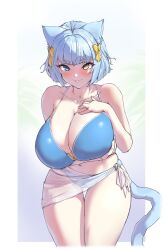 Rule 34 | 1girl, absurdres, animal ears, arm under breasts, bikini, blue bikini, blue eyes, blue hair, blush, bow, breast hold, breasts, cat ears, cat girl, cleavage, hair bow, hand on own chest, heterochromia, highres, huge breasts, jinmeii, looking at viewer, original, parted lips, sarong, see-through, simple background, solo, standing, swimsuit, thigh gap, white background, yellow bow, yellow eyes
