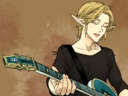 Rule 34 | 1boy, bad id, bad pixiv id, brown hair, contemporary, earrings, closed eyes, guitar, instrument, jewelry, link, male focus, music, nintendo, pointy ears, shirt, short hair, singing, solo, t-shirt, the legend of zelda, tobacco (tabakokobata)
