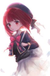 Rule 34 | 1girl, 27vel, absurdres, arima kana, backpack, bag, beret, blunt bangs, blunt ends, blush, bow, bowtie, hat, highres, holding strap, looking at viewer, oshi no ko, red bow, red bowtie, red eyes, red hair, skirt, solo, white skirt