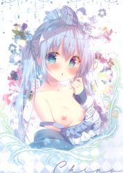 Rule 34 | 1girl, absurdres, bare shoulders, blue eyes, blue hair, blue hairband, blush, bow, breasts, character name, chestnut mouth, collarbone, eyes visible through hair, floral background, gochuumon wa usagi desu ka?, hair between eyes, hair bow, hairband, hand up, highres, kafuu chino, long hair, long sleeves, looking at viewer, mitsumomo mamu, nipples, no bra, off shoulder, parted lips, scan, sleeves past wrists, small breasts, solo, twintails, upper body