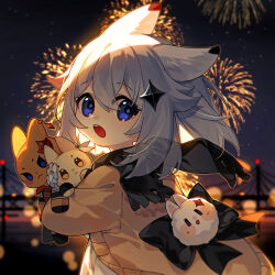 Rule 34 | 1girl, :&lt;, :o, absurdres, animal ears, black bow, black scarf, blue eyes, blurry, blurry background, bow, brown jacket, character doll, chinese zodiac, closed mouth, fireworks, genshin impact, highres, holding, holding stuffed toy, jacket, kemonomimi mode, long hair, long sleeves, looking at viewer, looking back, lumine (genshin impact), new year, night, open clothes, open jacket, paimon (genshin impact), rabbit ears, rabbit girl, scarf, solo, ssm (ssm82048039), stuffed toy, suspension bridge, tartaglia (genshin impact), upper body, white hair, year of the rabbit