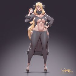 Rule 34 | 1girl, black coat, black eyes, black pants, blonde hair, breasts, cape, cleavage, clothing cutout, coat, covered erect nipples, cowboy shot, creatures (company), cynthia (pokemon), detached collar, fingernails, fur-trimmed sleeves, fur collar, fur trim, game freak, grin, hair ornament, hair over one eye, hand up, holding, holding poke ball, huge breasts, long hair, looking at viewer, nail polish, nintendo, pants, pinkdrawz, poke ball, poke ball (basic), pokemon, pokemon (creature), pokemon dppt, sidelocks, smile, solo, underboob, underboob cutout, very long hair