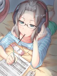 Rule 34 | 1girl, alternate hairstyle, aoba moca, bang dream!, bangs pinned back, cellphone, food, glasses, green eyes, grey hair, headphones, highres, lying, mouth hold, off shoulder, on bed, on stomach, pencil, phone, pocky, sheet music, short hair, smartphone, solo, user ggvk4744