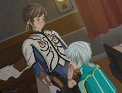 Rule 34 | 10s, 2boys, blush, brown hair, erection, male focus, mikleo (tales), multiple boys, penis, redflash, silver hair, smile, sorey (tales), tales of (series), tales of zestiria, testicles, uncensored, yaoi