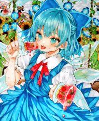 Rule 34 | 1girl, blue bow, blue dress, blue eyes, blue hair, bow, cirno, detached wings, dress, fairy, fairy wings, flower, food, hair bow, ice, ice cream, ice wings, monji (monzi328), pinafore dress, sleeveless, sleeveless dress, solo, tongue, tongue out, touhou, traditional media, upper body, wings
