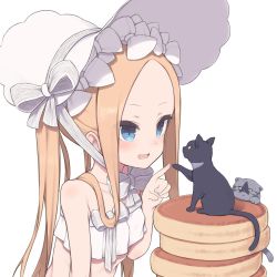 Rule 34 | 1girl, abigail williams (fate), abigail williams (swimsuit foreigner) (fate), abigail williams (swimsuit foreigner) (third ascension) (fate), bikini, black cat, blonde hair, blue eyes, blush, bonnet, bow, cat, fate/grand order, fate (series), food, forehead, frown, gamuo, hair bow, index finger raised, long hair, multiple cats, multiple hair bows, open mouth, pancake, pancake stack, parted bangs, simple background, smile, swimsuit, twintails, upper body, very long hair, white background, white bikini, white bow, white headwear