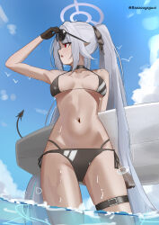 Rule 34 | 1girl, absurdres, adjusting eyewear, baozouyeguai, belt, bikini, black bikini, black choker, black gloves, blue archive, blue sky, blurry, bow, breasts, choker, cleavage, cloud, cloudy sky, commentary request, cowboy shot, dark-skinned female, dark skin, demon girl, demon tail, depth of field, eyewear on head, from below, gloves, gluteal fold, grey hair, hair between eyes, hair bow, hair ribbon, halo, highres, holding, holding surfboard, horizon, in water, iori (blue archive), iori (swimsuit) (blue archive), long hair, looking afar, medium breasts, navel, ocean, official alternate costume, official alternate hairstyle, outdoors, parted lips, pointy ears, profile, red eyes, ribbon, sidelocks, sky, solo, spaghetti strap, stomach, sunglasses, surfboard, swimsuit, tail, thigh belt, thigh strap, twintails, twitter username, wet, wet clothes, wet swimsuit