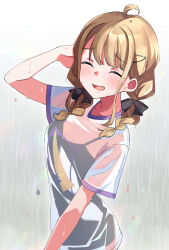 Rule 34 | 1girl, absurdres, alternate costume, blonde hair, blush, braid, breasts, commentary request, fang, gakuen idolmaster, hair between eyes, hair ornament, highres, idolmaster, looking at viewer, medium hair, open mouth, rain, see-through, see-through sleeves, shirt, small breasts, solo, swimsuit, twin braids, y kimisaki