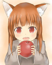 Rule 34 | 1girl, aged down, animal ear fluff, animal ears, apple, brown hair, fang, food, fruit, holo, long hair, open mouth, red eyes, shone, simple background, smile, solo, spice and wolf, wolf ears