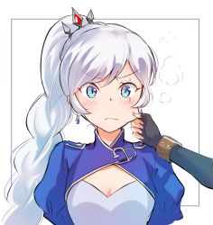Rule 34 | 2girls, puff of air, angry, blue eyes, blush, braid, braided ponytail, cheek pinching, earrings, fingerless gloves, gloves, hair ornament, highres, iesupa, jewelry, long hair, multiple girls, out of frame, pinching, pout, ruby rose, rwby, scar, scar across eye, scar on face, solo focus, spoken sweatdrop, sweatdrop, tiara, upper body, v-shaped eyebrows, very long hair, weiss schnee, white hair