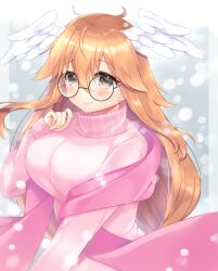 Rule 34 | 1girl, black-framed eyewear, blush, brown hair, closed mouth, commission, copyright request, feathered wings, glasses, grey eyes, hagoromo, hair between eyes, hand up, head wings, highres, long hair, long sleeves, pink sweater, puffy long sleeves, puffy sleeves, round eyewear, shawl, shikito (yawa0w0), skeb commission, sleeves past wrists, smile, snowing, solo, sweater, turtleneck, turtleneck sweater, very long hair, white wings, wings