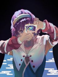 Rule 34 | 1girl, blue sclera, cape, cloak, cloud print, colored sclera, dress, hairband, highres, multicolored clothes, multicolored dress, multicolored eyes, multicolored hairband, naufaldreamer, orange sleeves, patchwork clothes, purple eyes, purple hair, rainbow gradient, red button, red sleeves, sky print, solo, tenkyuu chimata, touhou, two-sided cape, two-sided fabric, white cape, white cloak, yellow sleeves