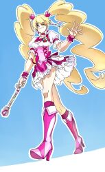 Rule 34 | 0ekqk1, 1girl, blonde hair, blue background, boots, cure peach, dress, earrings, fresh precure!, from below, full body, hair ornament, hand up, heart, heart earrings, heart hair ornament, high heel boots, high heels, highres, holding, holding wand, jewelry, long hair, magical girl, momozono love, one eye closed, peach rod, pink dress, pink eyes, pink footwear, precure, puffy sleeves, solo, twintails, walking, wand, waves, wrist cuffs