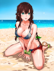 Rule 34 | 1girl, beach, bikini, blue sky, braid, breasts, brown hair, cleavage, cloud, commentary request, day, fugu custom, full body, green eyes, green scrunchie, grey bikini, horizon, kantai collection, large breasts, looking to the side, noshiro (kancolle), ocean, outdoors, red sarong, sarong, scrunchie, sitting, sky, solo, swept bangs, swimsuit, twin braids, wariza, wrist scrunchie