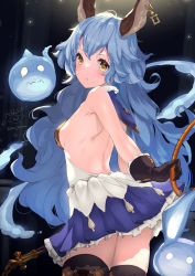 Rule 34 | 1girl, absurdres, animal ears, backless outfit, bare back, black gloves, black thighhighs, blue hair, blue skirt, breasts, brown eyes, commentary request, ear piercing, erune, ferry (granblue fantasy), frilled skirt, frills, from behind, gloves, granblue fantasy, highres, holding, long hair, looking at viewer, looking back, ochinsama, parted lips, piercing, pleated skirt, sideboob, signature, skirt, small breasts, solo, thighhighs, twitter username, very long hair