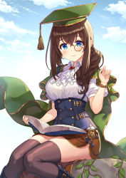 Rule 34 | 1girl, ascot, black footwear, black thighhighs, blue eyes, blue sky, blush, book, boots, bracelet, brooch, brown-framed eyewear, brown hair, brown skirt, cape, closed mouth, cloud, cloudy sky, collared shirt, commentary, day, green cape, green hat, hair over shoulder, hamahama, hat, highres, holding, holding book, idolmaster, idolmaster cinderella girls, ivy, jewelry, long hair, looking at viewer, miniskirt, monocle, mortarboard, outdoors, pencil skirt, plant, pocket watch, puffy short sleeves, puffy sleeves, round eyewear, sagisawa fumika, shirt, short sleeves, sitting, skindentation, skirt, sky, smile, solo, stone, thighhighs, underbust, watch, waving, white ascot, white shirt, wind
