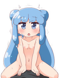Rule 34 | 1boy, 1girl, :o, blue eyes, blue hair, blush, breasts, clothed male nude female, clothed sex, collarbone, cowgirl position, double bun, girl on top, groin, hair bun, half slime-chan, hana kazari, hetero, highres, long hair, looking at viewer, monster girl, navel, nipples, nude, open mouth, original, penis, sex, simple background, slime girl, small breasts, solo focus, straddling, sweat, vaginal, very long hair, white background