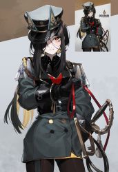 Rule 34 | 1girl, absurdres, arknights, bad id, bad twitter id, belt, black gloves, black hair, black hat, black pantyhose, blonde hair, blush, buttons, colored inner hair, cowboy shot, derivative work, dobermann (arknights), dobermann (lieutenant) (arknights), double-breasted, female focus, gloves, green jacket, hair over one eye, hand up, hat, highres, holding, holding sword, holding weapon, jacket, kokukyukeo, long hair, long sleeves, looking at viewer, military, military uniform, mole, mole under eye, multicolored hair, official alternate costume, orange eyes, pantyhose, peaked cap, reference inset, sheath, sheathed, sidelocks, smile, solo, sword, uniform, weapon, whip