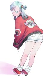 Rule 34 | 1girl, ass, blue eyes, blue hair, bulma, dragon ball, from behind, full body, hands in pockets, jacket, long hair, looking at viewer, looking back, one side up, shoes, short shorts, shorts, sneakers, solo, takafumi 696
