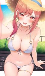 Rule 34 | 1girl, absurdres, beach, bench, bikini, blush, breasts, collarbone, earrings, front-tie bikini top, front-tie top, hair between eyes, hair ornament, hairclip, hat, highres, hololive, hololive dev is, ichijou ririka, jewelry, large breasts, letterboxed, looking at viewer, low side ponytail, mugino0515, nail polish, navel, necklace, o-ring, o-ring top, on bench, open mouth, orange eyes, orange hair, outdoors, pendant choker, reaching, reaching towards viewer, side-tie bikini bottom, sitting, skindentation, solo, stomach, straw hat, swimsuit, thigh gap, thighlet, untied bikini, untied bikini bottom, veins, veiny breasts, virtual youtuber, water, white bikini, wooden bench