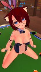Rule 34 | 1girl, 3d, animal ear fluff, animal ears, arm tattoo, armband, az vrc, ball, bar (place), billiard ball, billiards, black bow, black bowtie, black footwear, black leotard, blue eyes, blush, bow, bowtie, breasts, brown hair, butterfly tattoo, cat ears, cat girl, cleavage, detached collar, dress, earrings, fake animal ears, glasses, high heels, highres, indie virtual youtuber, jewelry, kneehighs, large breasts, leotard, looking at viewer, navel, open mouth, playboy bunny, pool table, rabbit ears, see-through, see-through dress, shoes, short hair, socks, table, tattoo, virtual youtuber, wrist cuffs