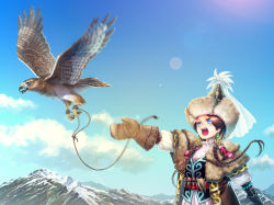 Rule 34 | 1girl, :d, beads, bird, blue eyes, bracelet, braid, brown hair, cloud, commentary, day, earrings, fur, hat, jewelry, kazakhstan, kws, leash, lens flare, long hair, mittens, mongolian clothes, mountain, open mouth, original, outstretched arm, sky, smile, snow, solo, traditional clothes, twin braids
