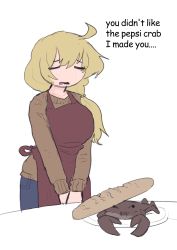 Rule 34 | 1girl, = =, ahoge, apron, baguette, blonde hair, blue pants, bread, breasts, brown sweater, copyright request, crab, d:, denim, english text, facing viewer, food, hair over shoulder, highres, japvs, jeans, large breasts, long hair, long sleeves, low ponytail, meme, open mouth, pants, pepsi crab (meme), plate, red apron, side ponytail, simple background, solo, standing, sweater, tears, v arms, white background