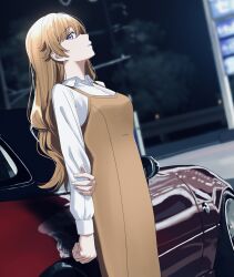 1girl brown_dress brown_hair car closed_mouth collared_shirt commentary_request cropped dress dress_shirt eunos_roadster gas_station highres konoe_kanata long_hair long_sleeves looking_at_viewer love_live! love_live!_nijigasaki_high_school_idol_club motor_vehicle night outdoors parted_lips pinafore_dress purple_eyes red_car s_sho_mkrn shirt sleeveless sleeveless_dress solo standing tree wavy_hair white_shirt