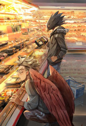 Rule 34 | 2boys, animal head, artist name, bird boy, black feathers, blonde hair, body markings, boku no hero academia, choker, denim, feathered wings, feathers, food, groceries, grocery basket, hand in pocket, hawks (boku no hero academia), hood, hoodie, jeans, kadeart, long sleeves, looking at food, male focus, multiple boys, pants, photo background, red eyes, red feathers, short hair, sleeves pushed up, squatting, standing, sushi, tokoyami fumikage, track pants, wings