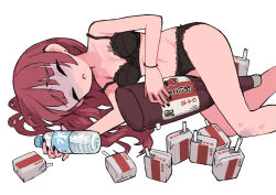 Rule 34 | 1girl, absurdres, alcohol, alcohol carton, black bra, black panties, bocchi the rock!, bottle, bra, carton, closed eyes, commentary request, drinking straw, hangover, highres, hiroi kikuri, long hair, lying, on side, osakechan0, panties, purple hair, simple background, solo, underwear, underwear only, white background
