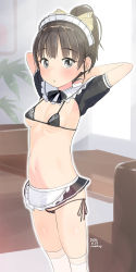 Rule 34 | 1girl, apron, arms behind head, bikini, black bikini, black hair, black skirt, blush, bow, breasts, brown bow, couch, dated, frilled apron, frills, grey eyes, hair bow, hands up, high ponytail, highres, indoors, looking at viewer, lowleg, lowleg bikini, maid, maid bikini, maid headdress, microskirt, navel, original, parted lips, pleated skirt, ponytail, puffy short sleeves, puffy sleeves, pussy, pussy peek, short sleeves, shrug (clothing), side-tie bikini bottom, signature, skirt, small breasts, solo, swimsuit, table, thighhighs, unconventional maid, waist apron, white apron, white thighhighs, window, yone kinji