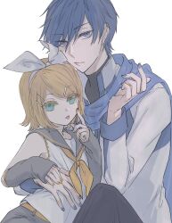 Rule 34 | 1boy, 1girl, aqua eyes, arms around waist, black pants, blonde hair, blue eyes, blue hair, blue scarf, bodysuit, bow, coat, colored eyelashes, detached sleeves, empty, flat chest, grey bodysuit, hair bow, hair ornament, hairclip, height difference, highres, hug, kagamine rin, kaito (vocaloid), looking at viewer, neckerchief, pale skin, pants, sailor collar, scarf, seki (kreuz4360), short hair, shorts, tongue, tongue out, vocaloid, white bow, white coat, yellow nails, yellow neckerchief