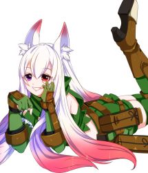 Rule 34 | 1girl, animal ear fluff, animal ears, ass, belt, boots, borozoukin, brown belt, brown footwear, commentary request, fingerless gloves, foot out of frame, fox ears, gloves, gradient hair, green gloves, green scarf, green shorts, green thighhighs, green tube top, grin, heterochromia, long hair, looking at viewer, lying, multicolored hair, on stomach, pouch, purple hair, ragnarok online, ranger (ragnarok online), red eyes, red hair, scarf, shorts, simple background, smile, solo, strapless, the pose, thighhighs, tube top, very long hair, white background, white hair